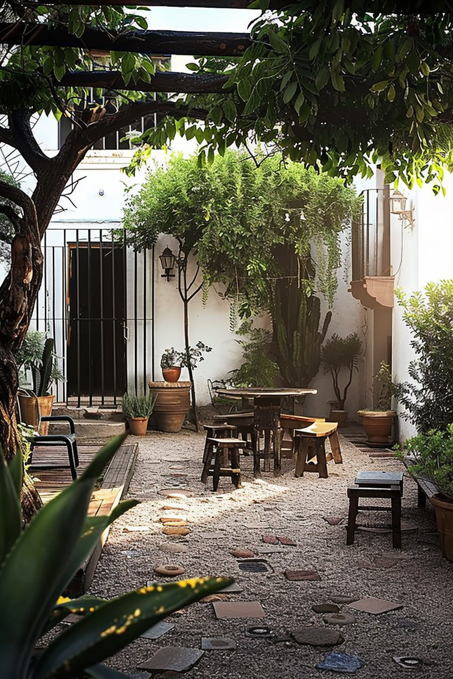 A serene courtyard with lush greenery, a gravel floor, rustic wooden furniture, and a vintage street lamp on a sunny day.