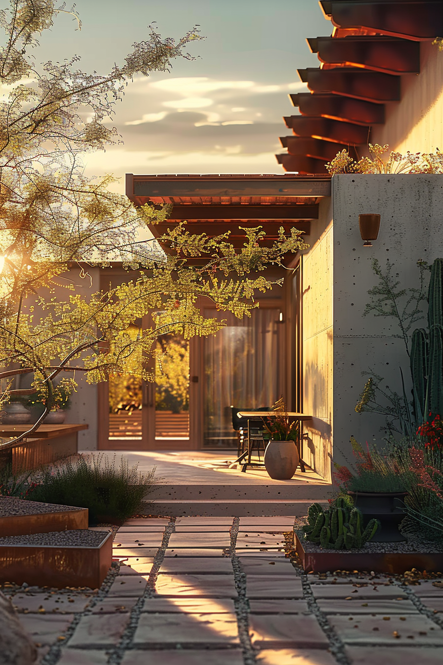 Warm sunlight bathes a serene pathway leading to a house with greenery and a seating area outside.