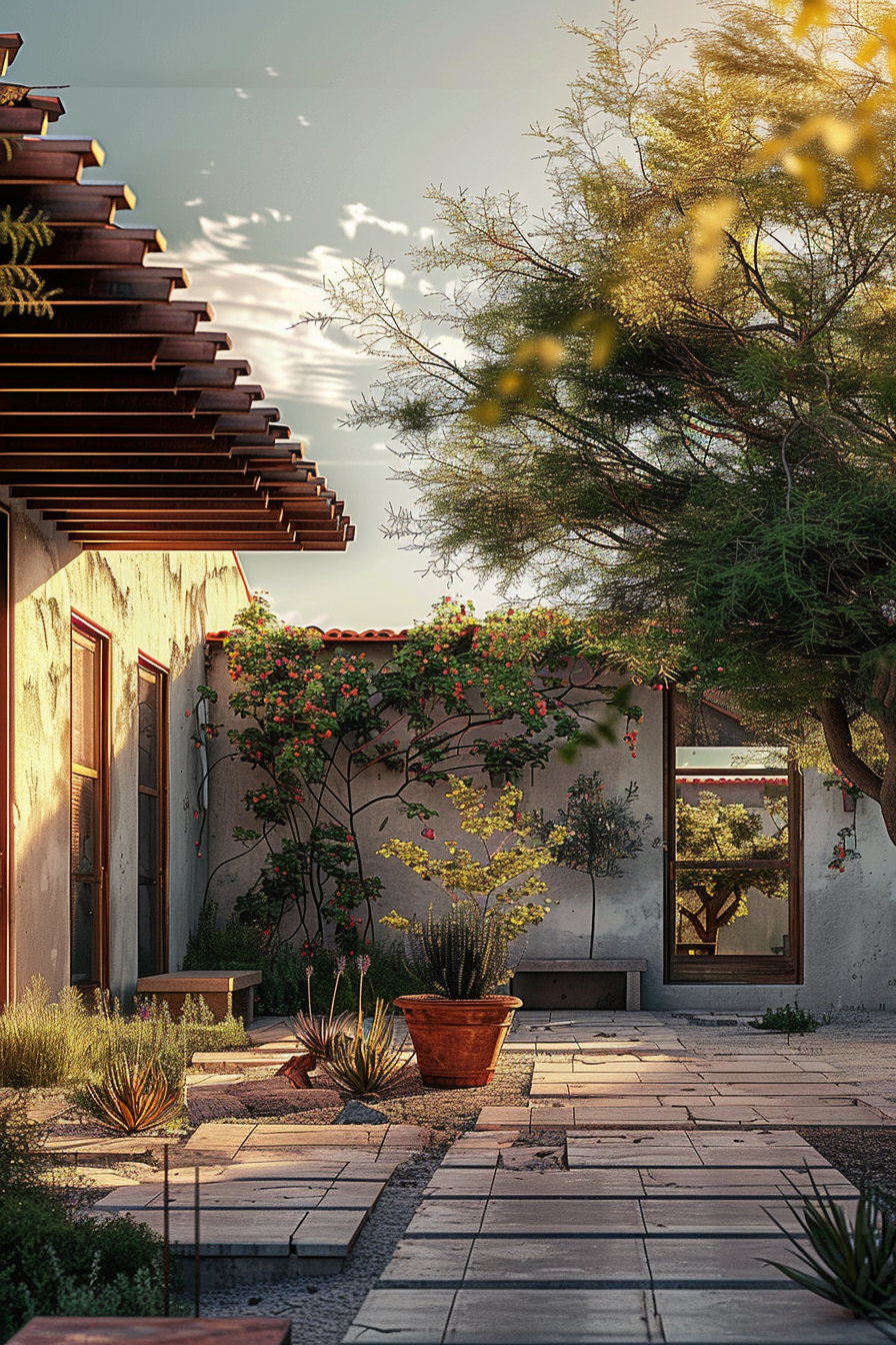 A serene garden path leading to a house with terracotta tiles, surrounded by flowering plants and trees in soft sunset light.
