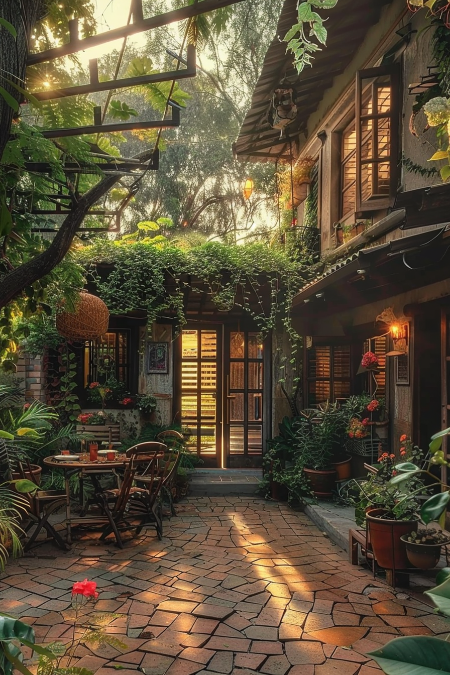 Quaint garden patio with greenery, wooden furniture, and the sun casting a warm glow through a cozy house entrance.