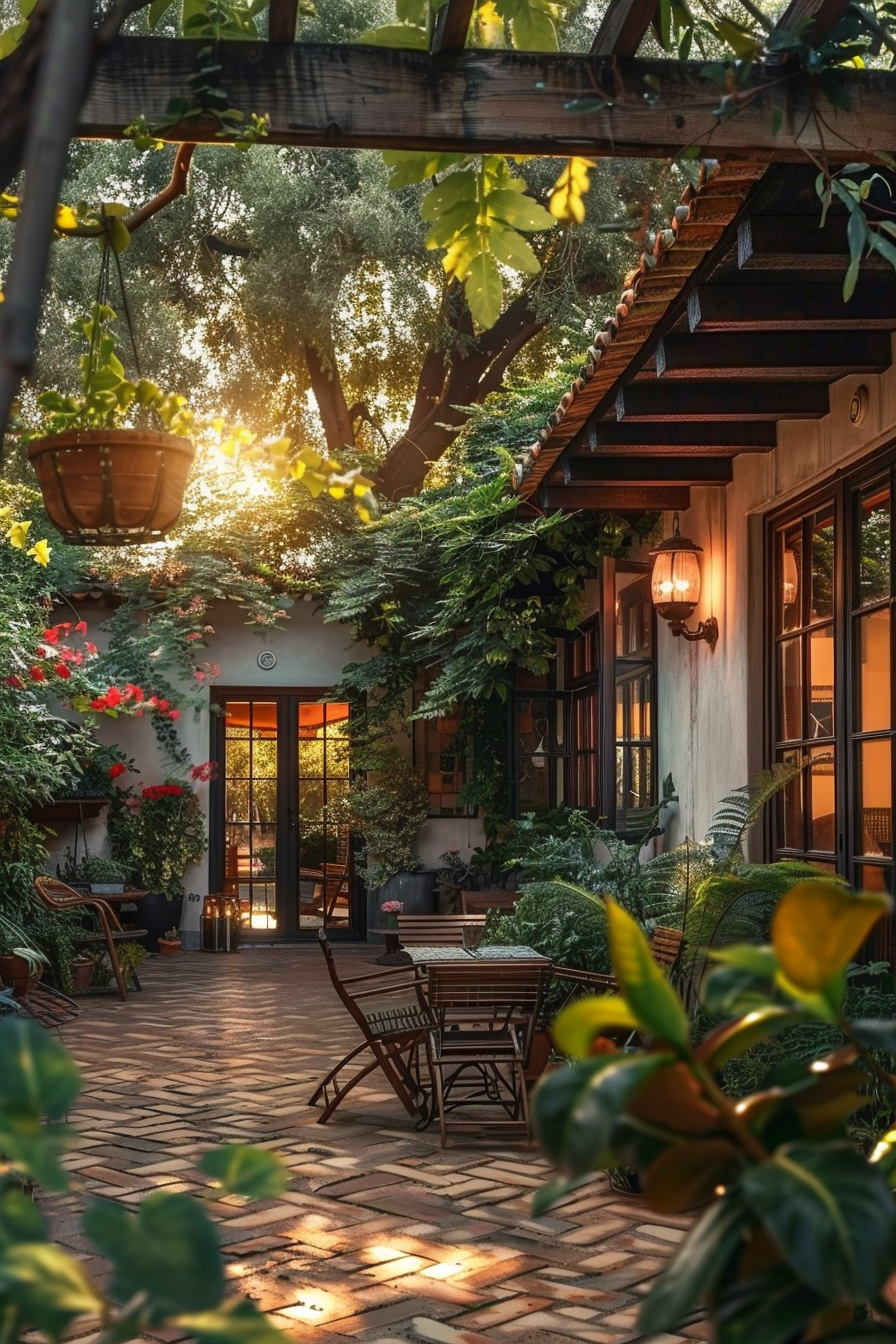 Sunlight filters through lush greenery onto a tranquil garden patio with a welcoming open door and cozy outdoor furniture.