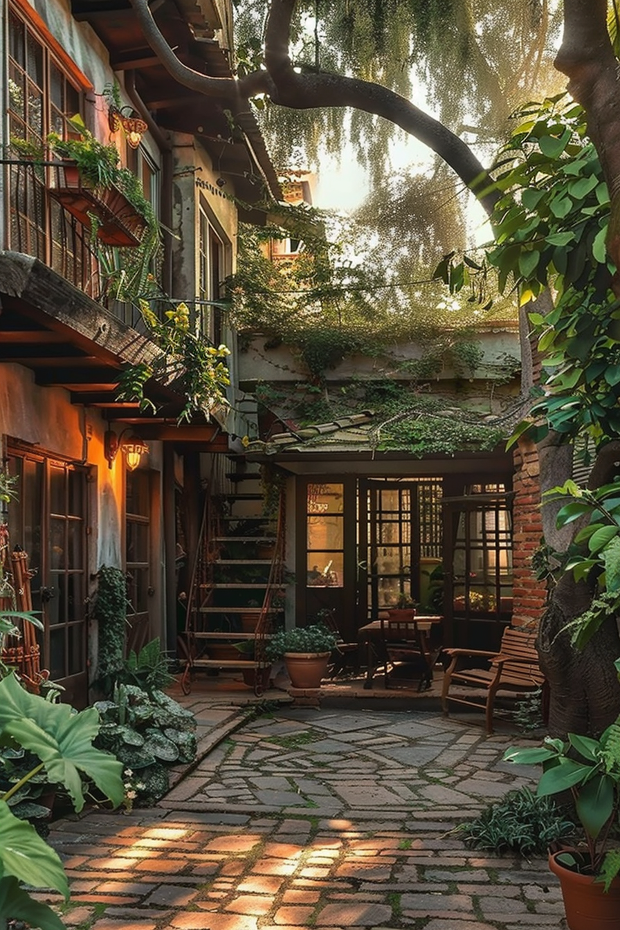 Charming courtyard with greenery, worn brick path, antique wooden furniture, and warm lighting filtering through leaves.