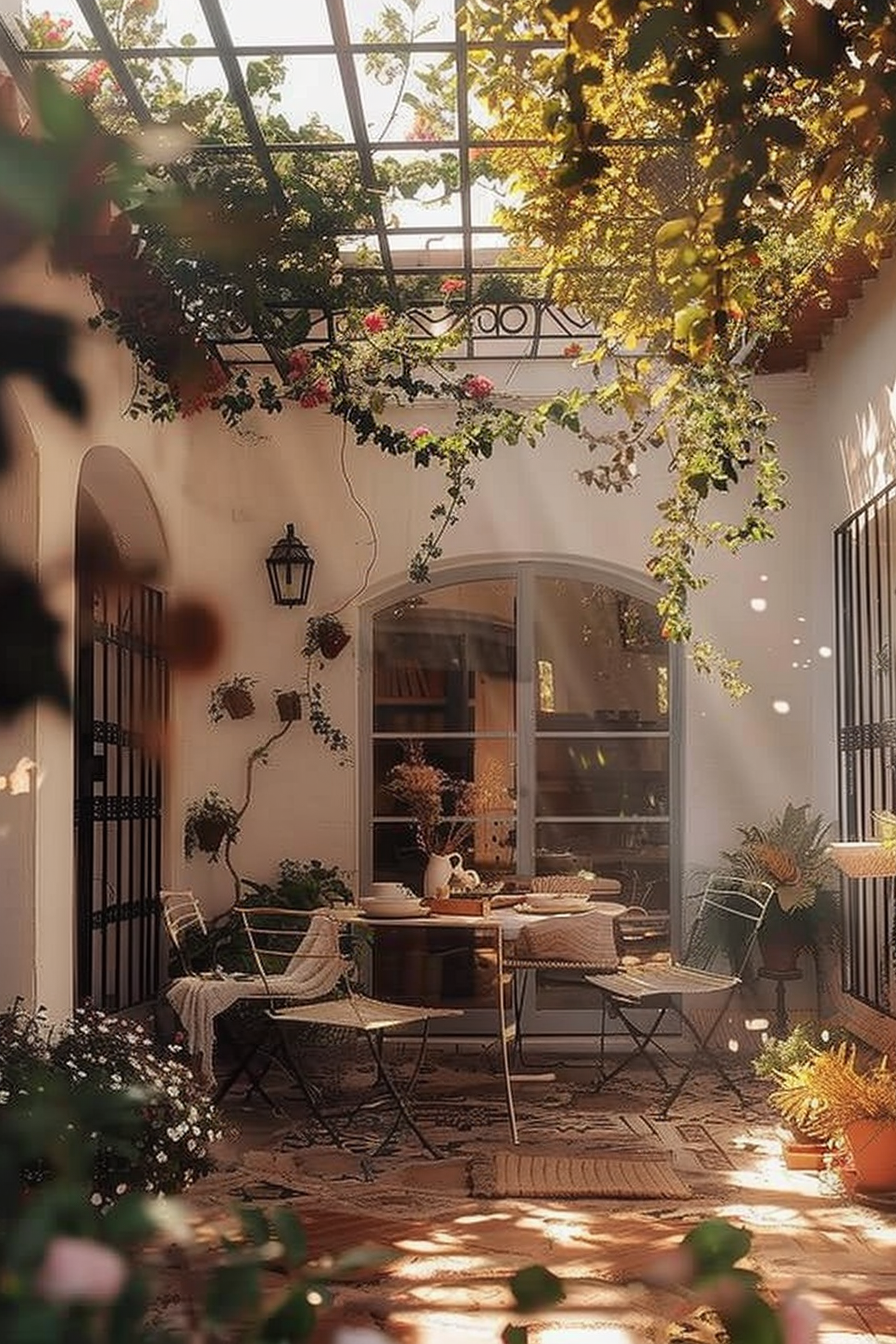 Warm sunlight filters through a pergola onto a cozy patio with flowering vines, a dining set, and potted plants, creating an inviting outdoor space.