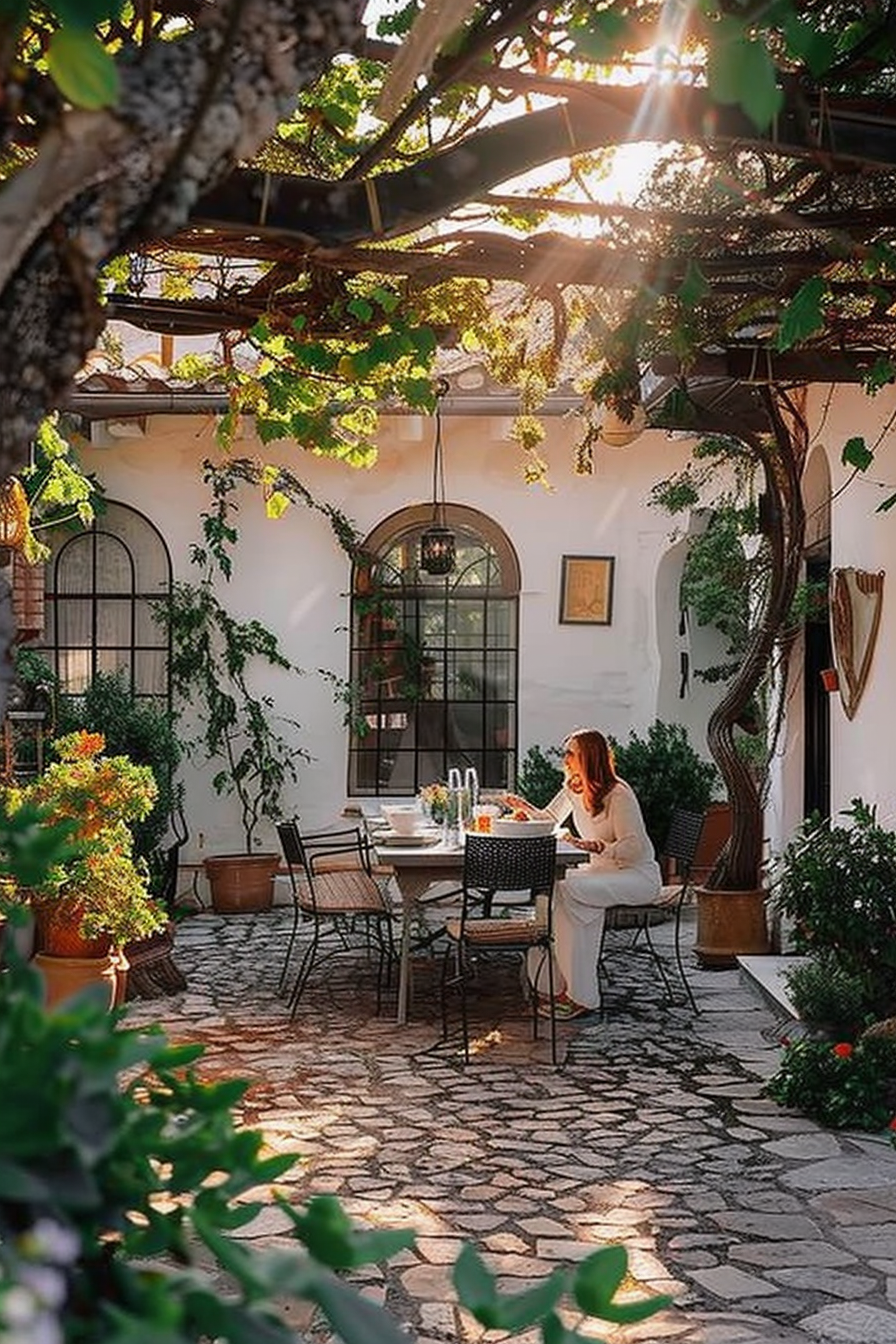 "Person dining alone at a quaint outdoor patio adorned with greenery, hanging lights, and a warm sunset filtering through leaves."
