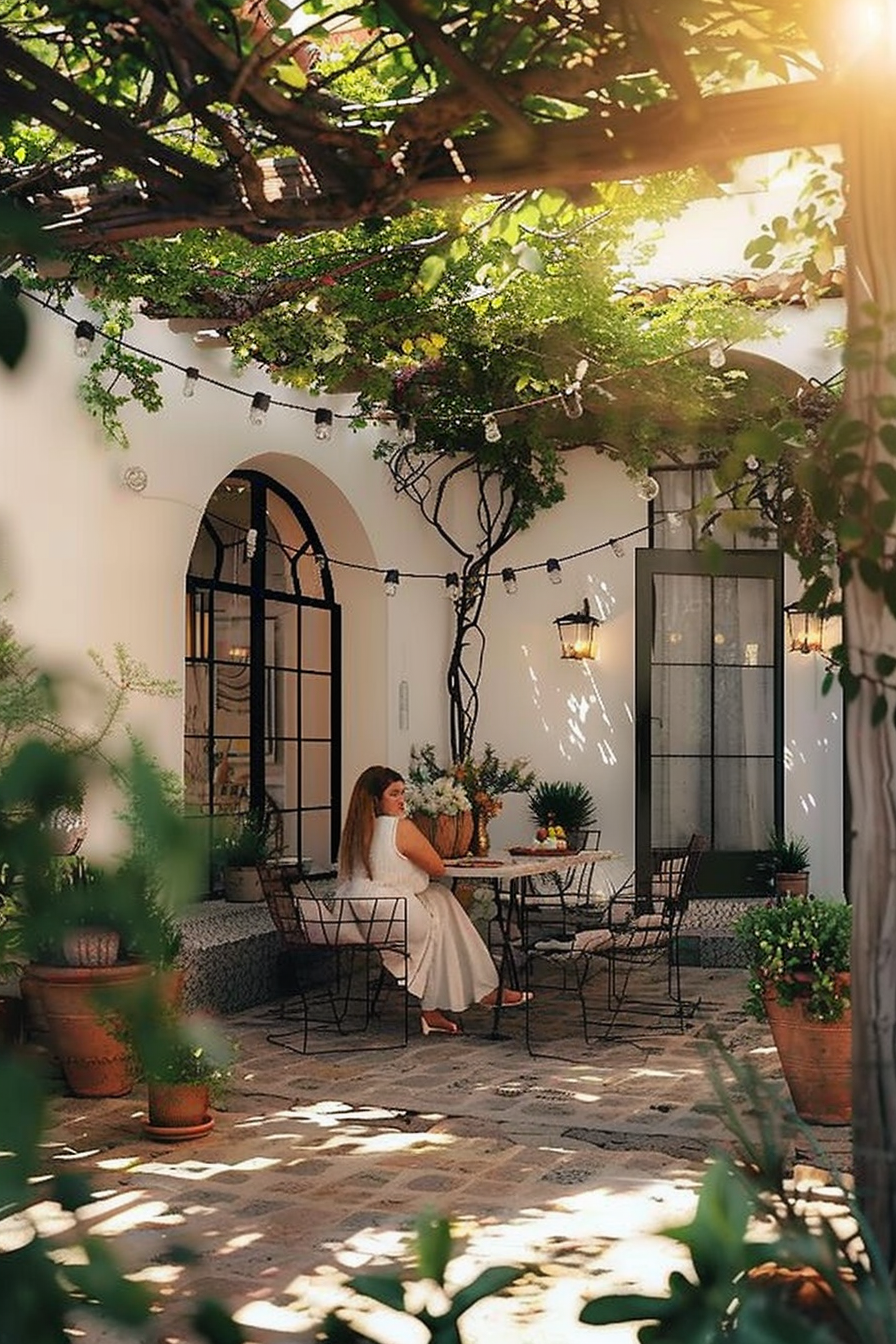 Woman in white dress sitting at a patio table in a serene courtyard with plants and string lights.