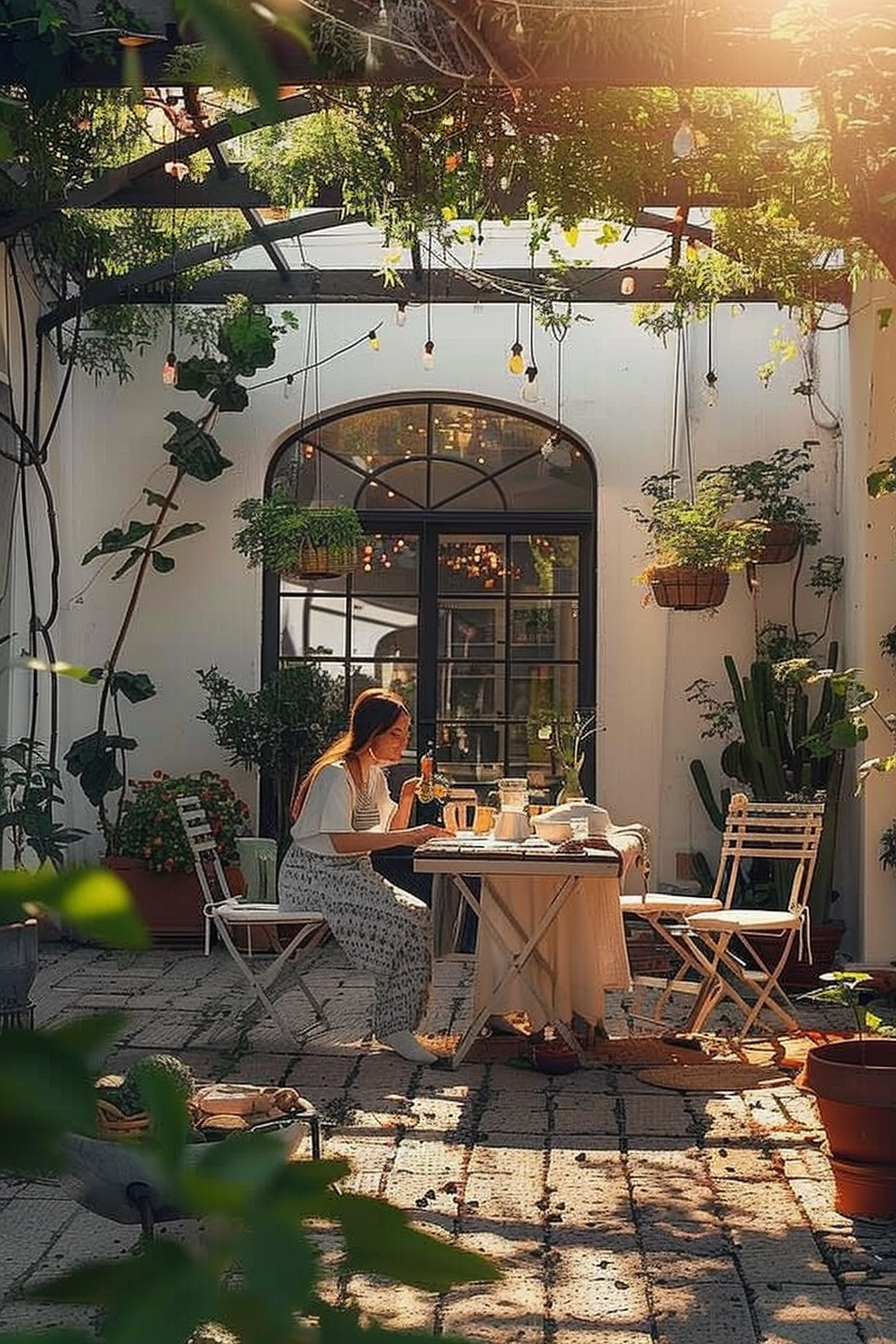 Woman enjoying a meal alone at an outdoor garden table, surrounded by greenery and hanging lights, with a sunlit building in the background.