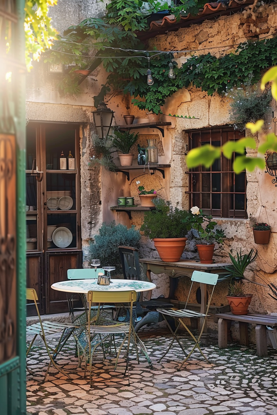 Quaint patio area with a vintage table and chairs set amidst potted plants and rustic stone walls.