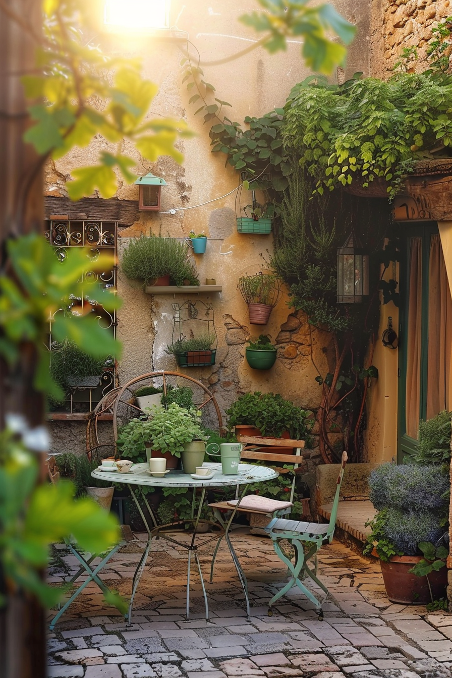 A charming garden patio with greenery, rustic furniture, and hanging plants on a warm, sunny day.