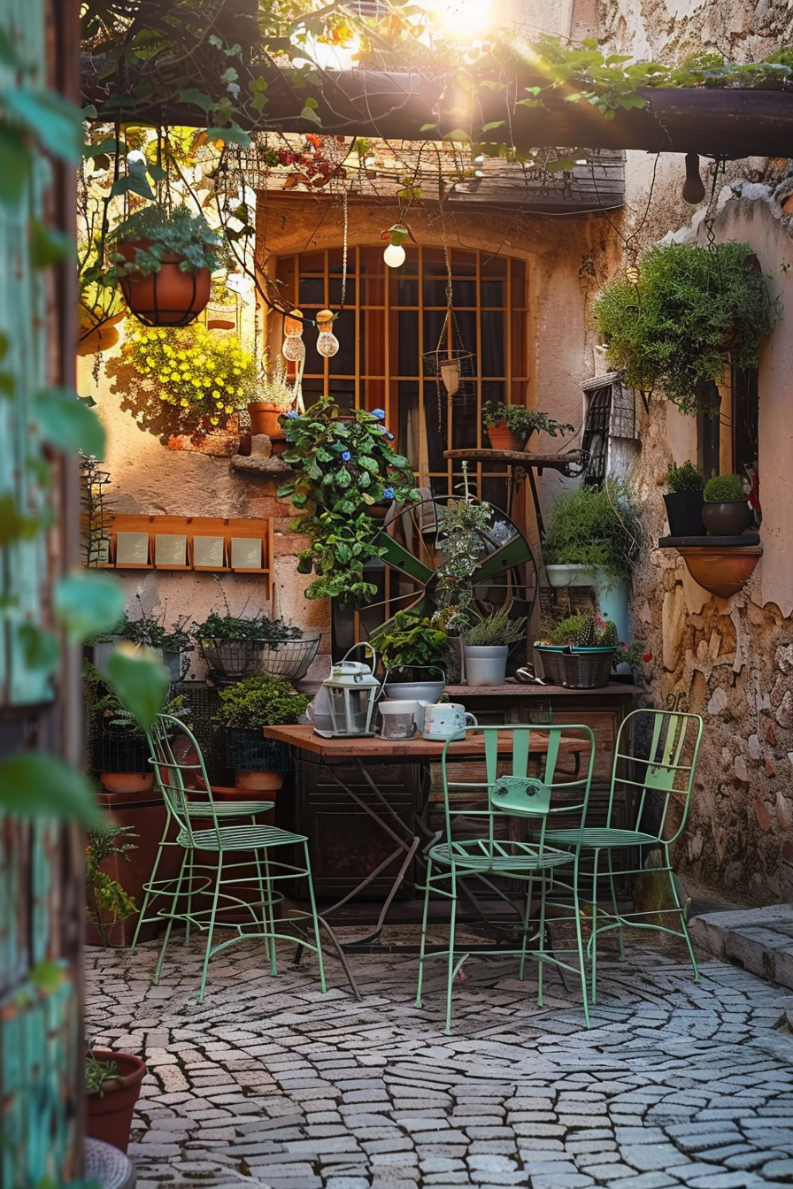 Cozy outdoor garden patio with green chairs and table, potted plants, hanging lights, cobblestone floor, and warm sunset light filtering through.