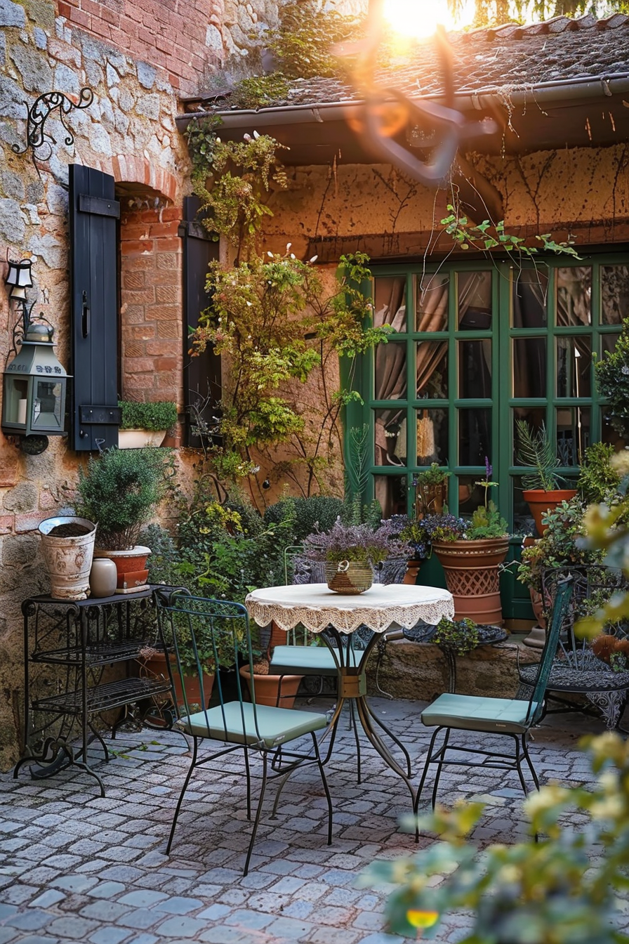 Cozy patio with wrought iron furniture, potted plants, and warm sunlight filtering through the foliage.