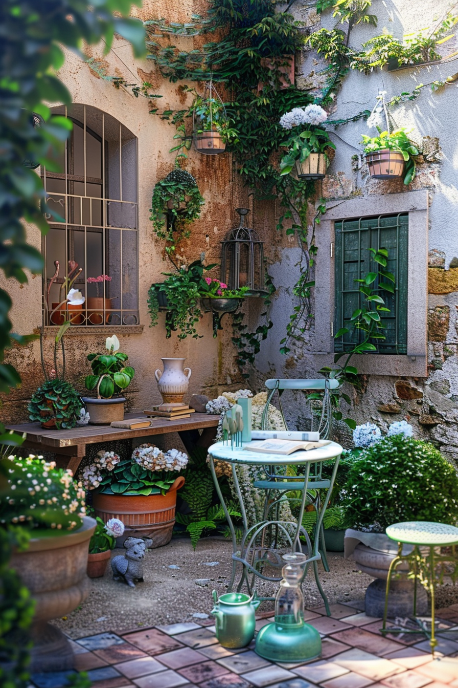 Quaint garden patio with flowering plants, ceramic pots, a bistro table set, and hanging lanterns against a rustic wall.