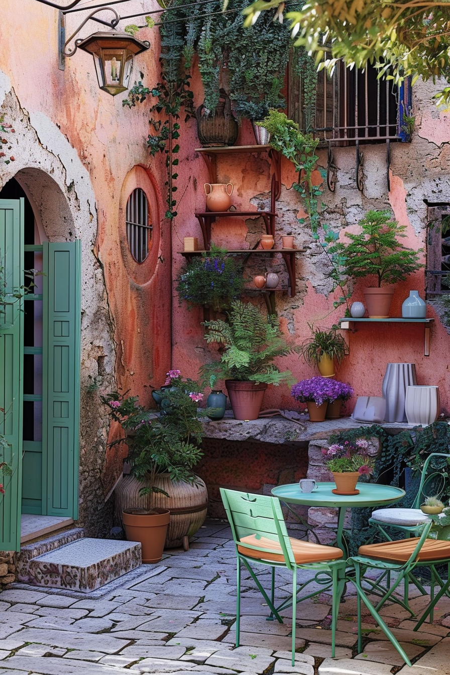 A charming courtyard with a weathered orange wall, green door, potted plants, and a small bistro table with chairs.