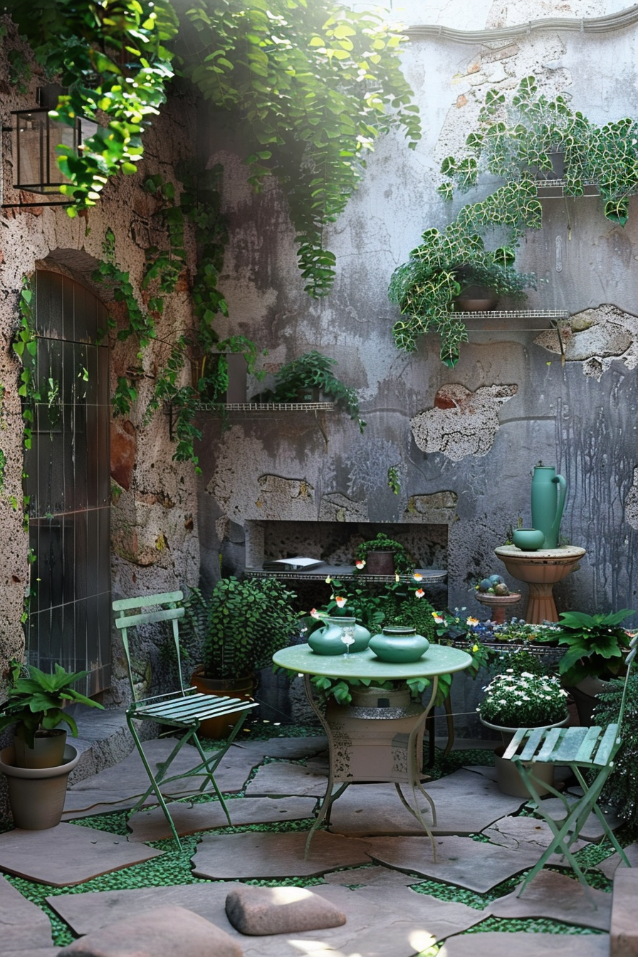 An enchanting garden patio with greenery, a vintage table set, and rustic walls illuminated by gentle sunlight.