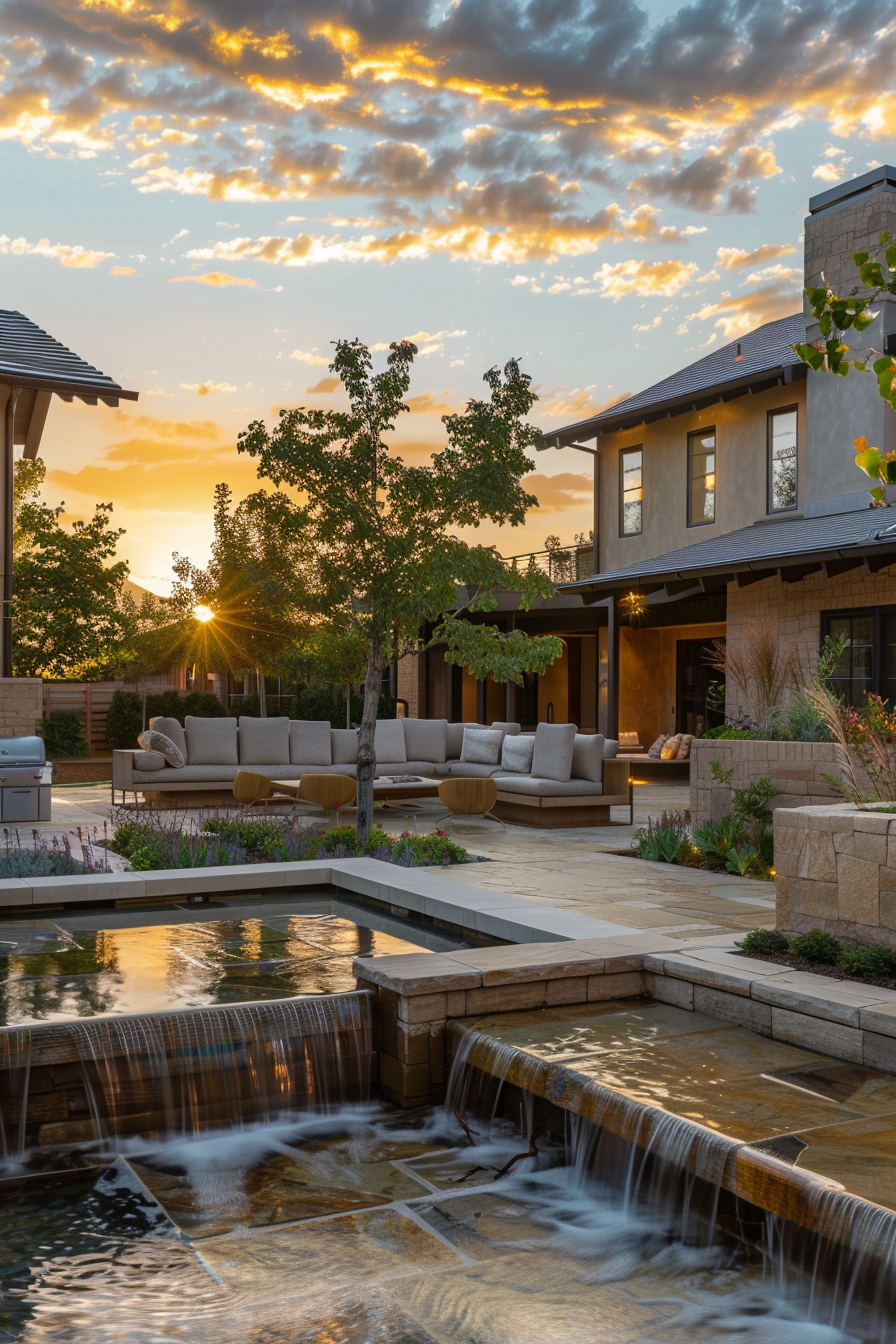 Modern backyard with outdoor furniture and cascading water feature at sunset, with golden clouds overhead.