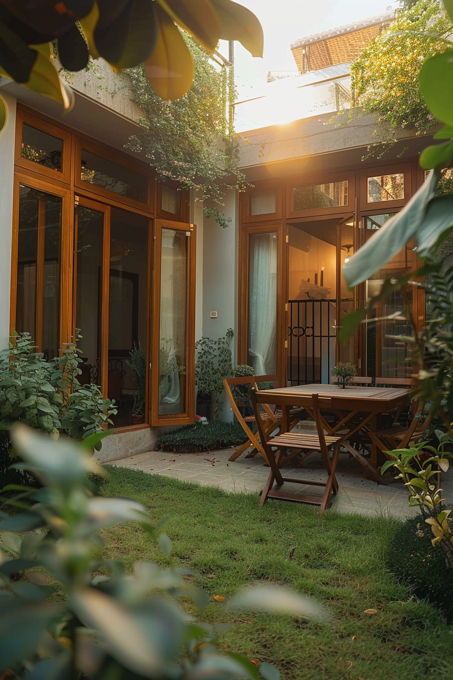A cozy backyard patio with wooden furniture and lush greenery, bathed in warm sunlight.