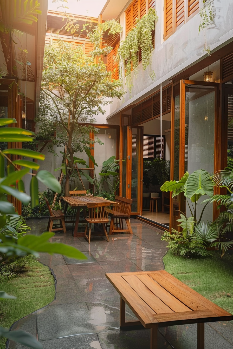 A serene courtyard with lush greenery, wooden furniture, and a mix of modern and traditional architectural elements.