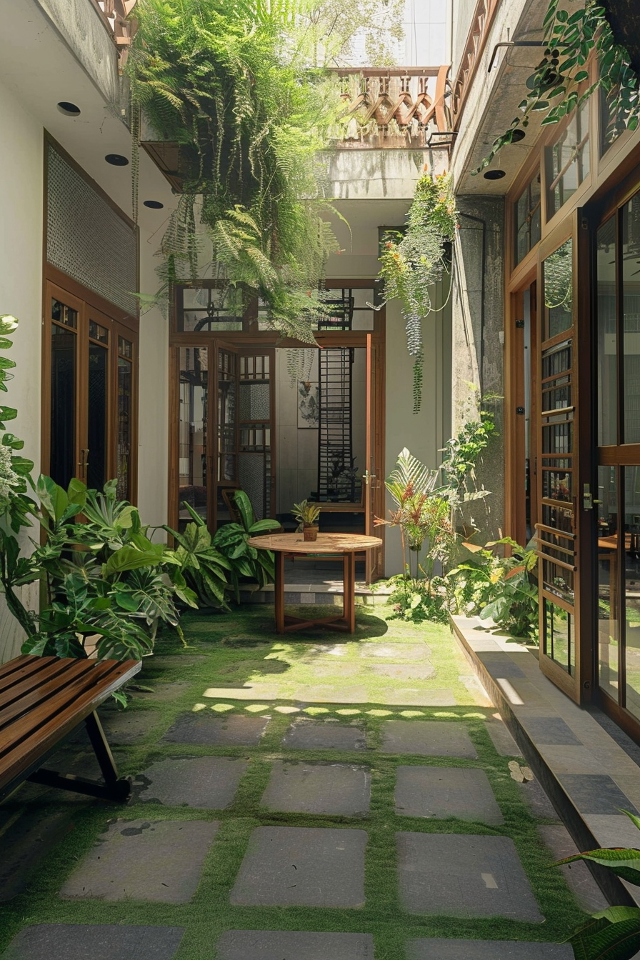 A tranquil indoor garden with lush greenery, hanging ferns, wooden benches, and sunlight filtering through the foliage.