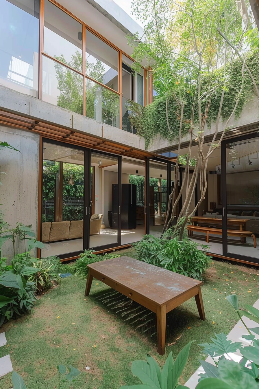 A modern courtyard with large glass doors, surrounded by greenery and featuring a wooden bench, blending indoor comfort with outdoor serenity.