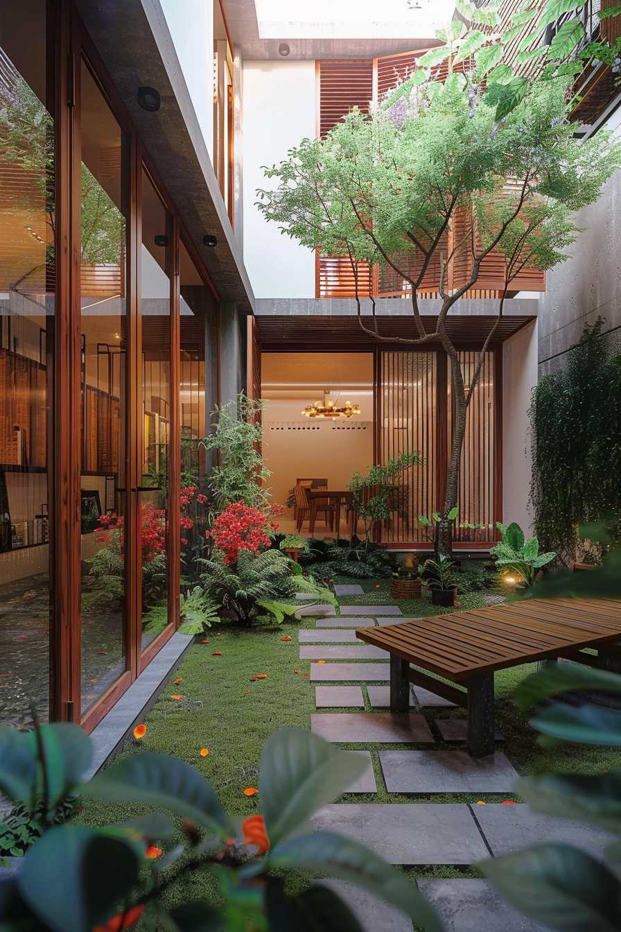 A serene indoor garden with lush greenery, stepping stones, and a wooden bench, surrounded by modern architecture with large windows.