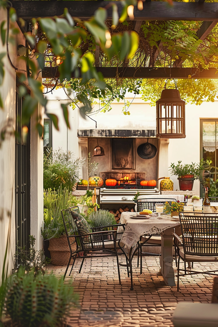 Cozy outdoor patio with dining table, chairs, and a pizza oven, surrounded by lush greenery and hanging lanterns in a warm, inviting atmosphere.