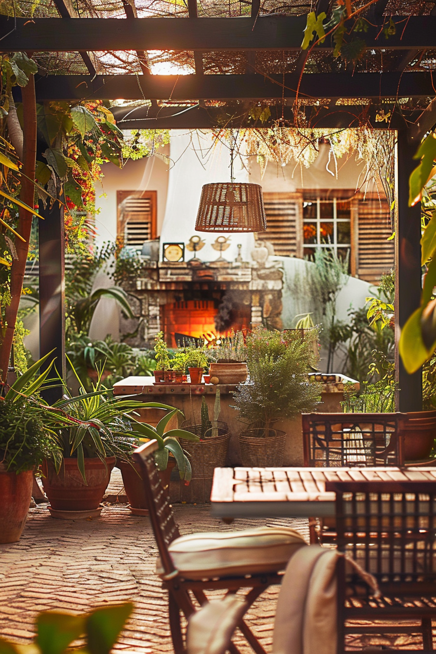 Cozy outdoor patio area with plants, wicker furniture, and a lit fireplace under a pergola, bathed in warm sunlight.