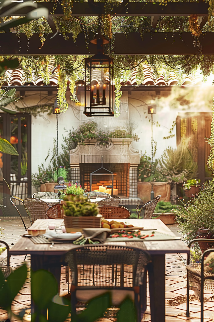 Cozy outdoor patio with hanging plants, lanterns, a fireplace, and a dining table set with food.