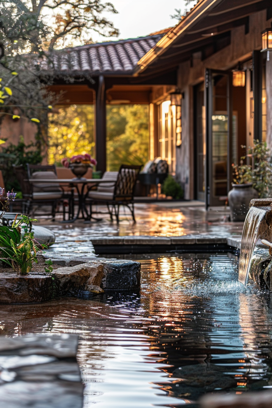 Patio with outdoor furniture overlooking a small waterfall and pond, with warm sunlight reflecting on water and surfaces.