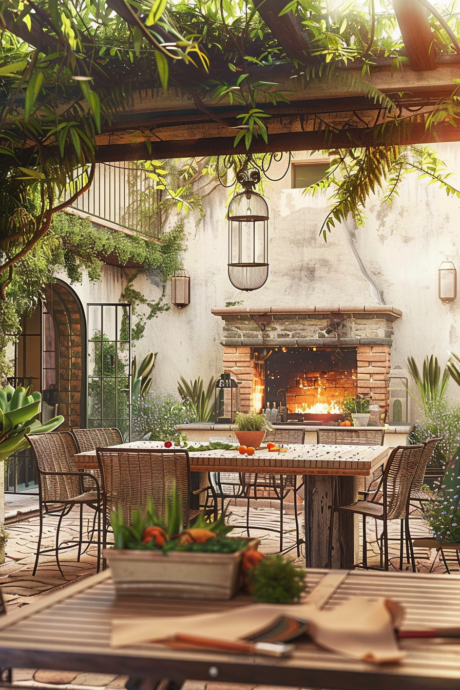 A cozy outdoor patio with a dining table set, a brick fireplace alight, surrounded by lush greenery and hanging lanterns.