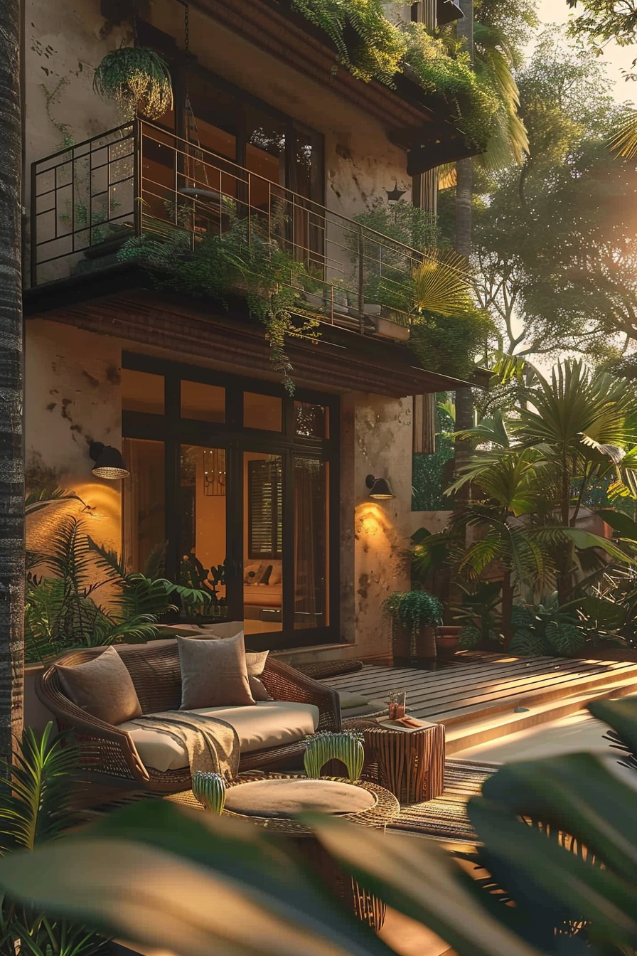 Cozy outdoor patio with a sofa and lush greenery on a weathered building facade, illuminated by warm evening lights.