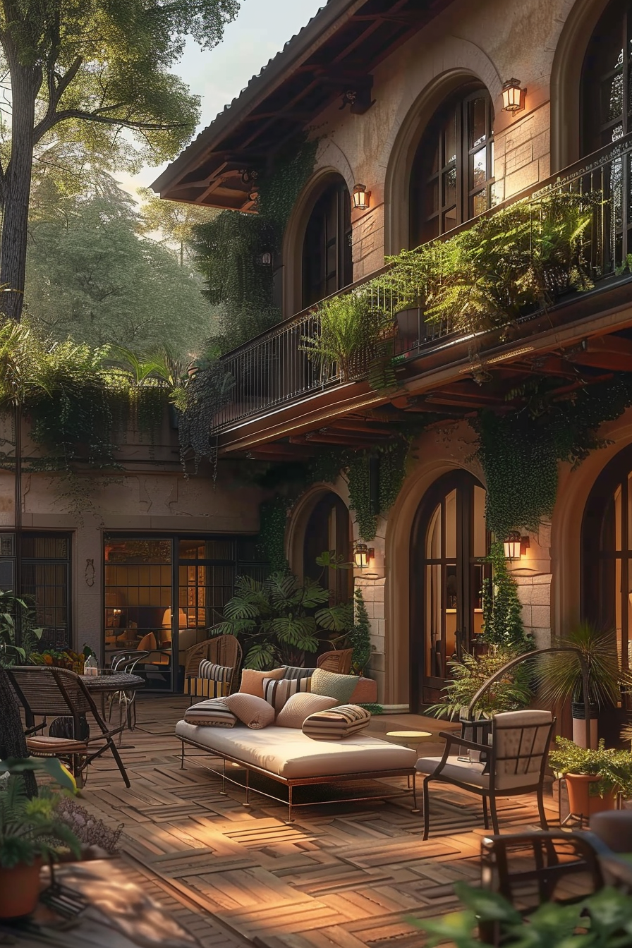 ALT text: Cozy outdoor seating area on a patio with elegant furniture and lush greenery on balconies of a classic building at dusk.