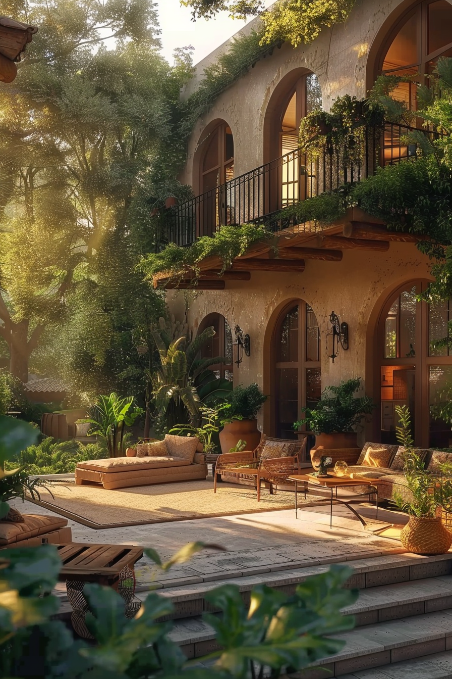 A serene outdoor patio with comfy furniture, lush greenery, and warm sunlight filtering through the trees.