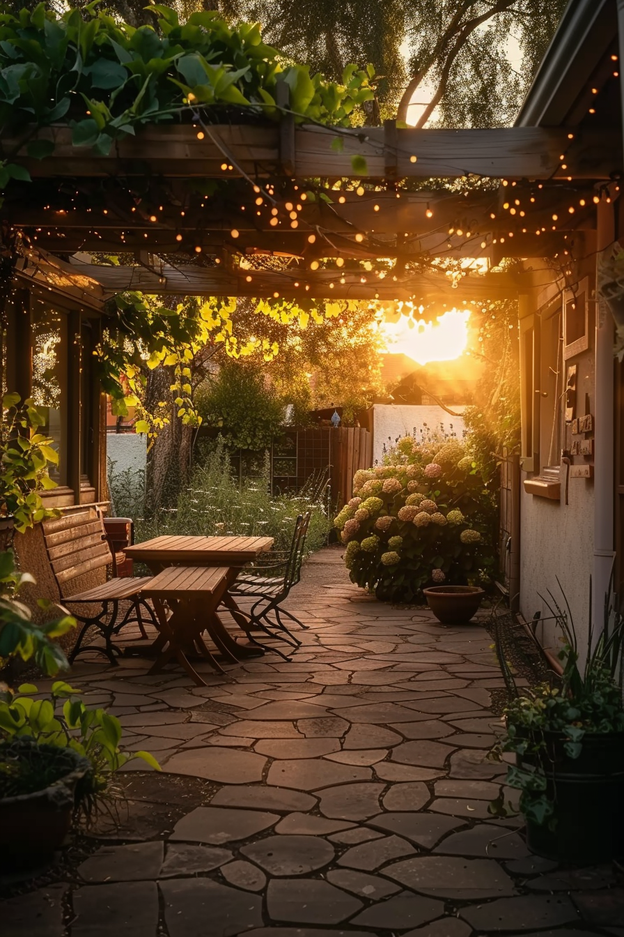 Alt text: A cozy backyard patio at sunset adorned with twinkling string lights, featuring a wooden picnic table, paving stones, and lush greenery.