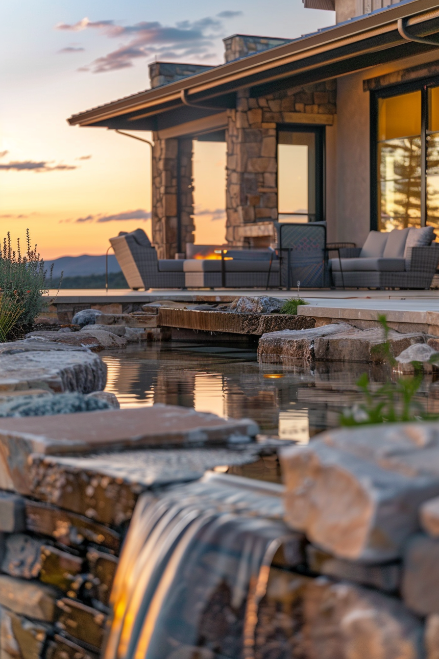 ALT: A luxurious house patio with comfortable seating overlooks a serene pond with a small waterfall, set against a soft sunset sky.