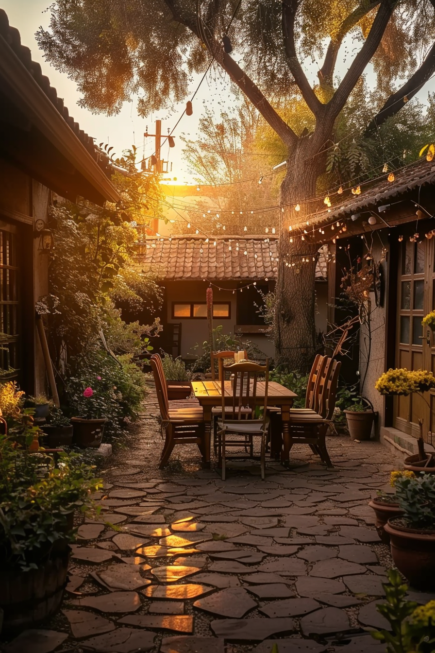 Cozy backyard patio with string lights, a dining set, and plants, basked in the warm glow of a setting sun filtering through trees.