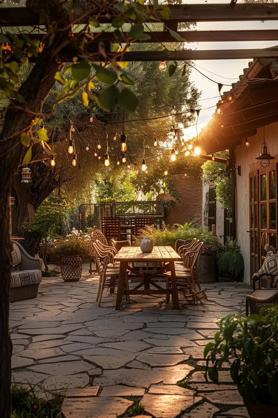 Cozy outdoor patio with string lights, wooden dining furniture, and lush greenery at twilight.