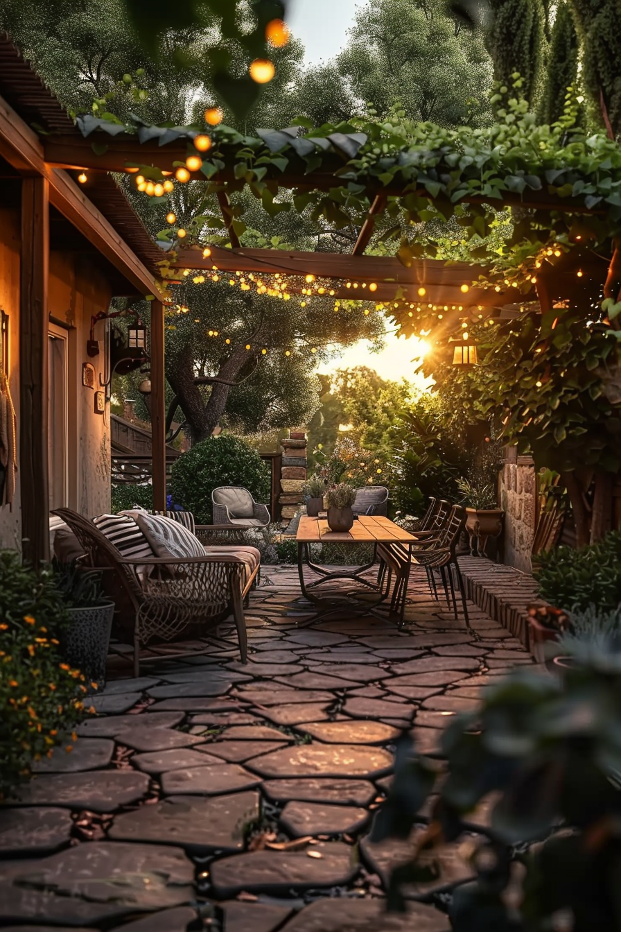 ALT: A cozy backyard patio at dusk with wicker furniture, stone pathway, string lights, and lush greenery, bathed in the golden glow of sunset.