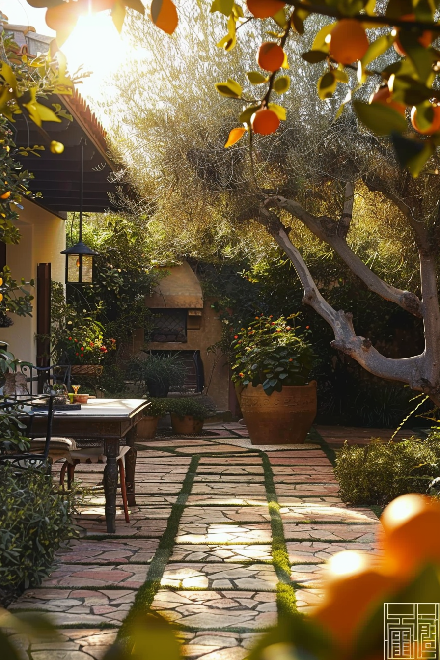 Sunlit garden pathway lined with greenery and orange trees, leading to an outdoor table, with a lantern hanging overhead.