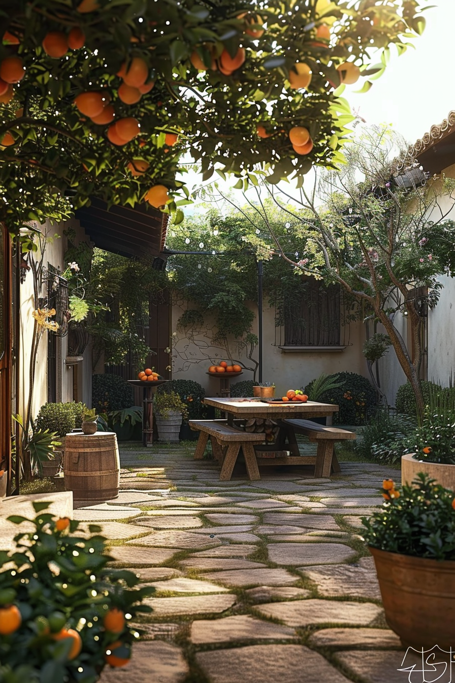 A serene garden courtyard with a wooden picnic table, surrounded by orange trees, potted plants, and a stone pathway under soft sunlight.