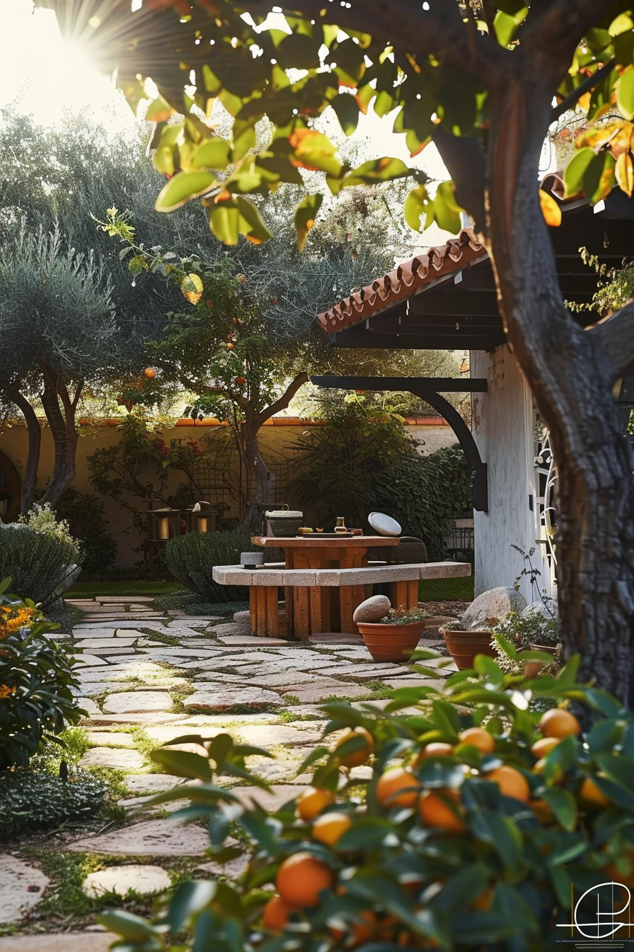 "Sunlit garden with orange trees, lush greenery, a stone path leading to a wooden table set with pottery, and a warm, inviting atmosphere."
