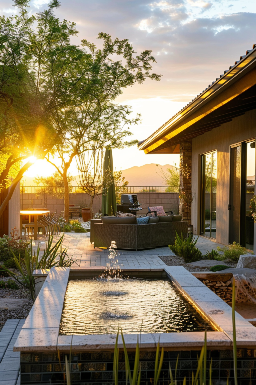 Sunset view of a cozy backyard patio with furniture, a water feature, and mountains in the distance.