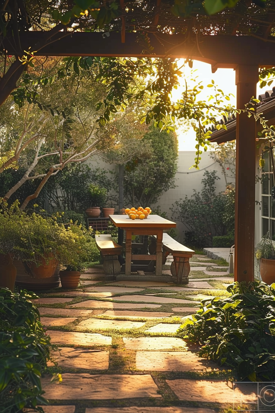 A serene garden with a dappled sunlit path leading to a wooden table adorned with a bowl of oranges, surrounded by lush plants and a pergola overhead.