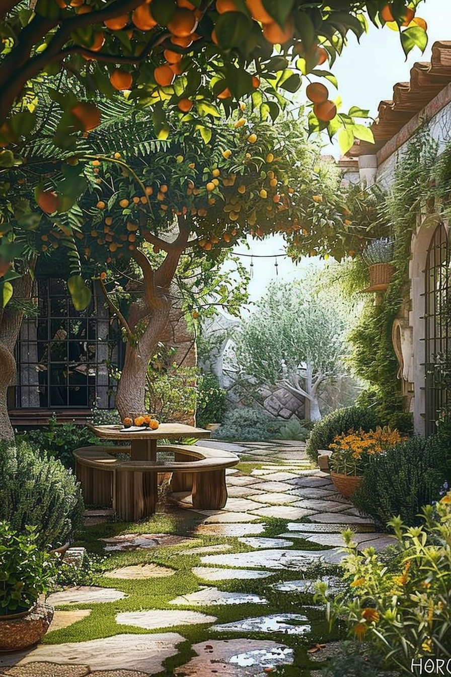 ALT text: A tranquil garden with orange trees bearing fruit, a circular wooden bench, cobblestone path, lush greenery, and a rustic stone house.