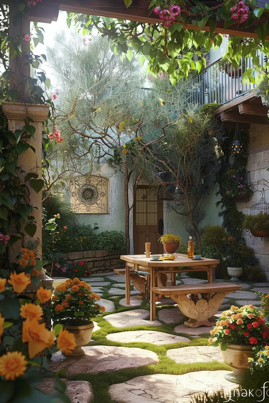 A tranquil garden patio with a wooden table set, stone path, blooming flowers, and a sunlit, leafy ambiance.