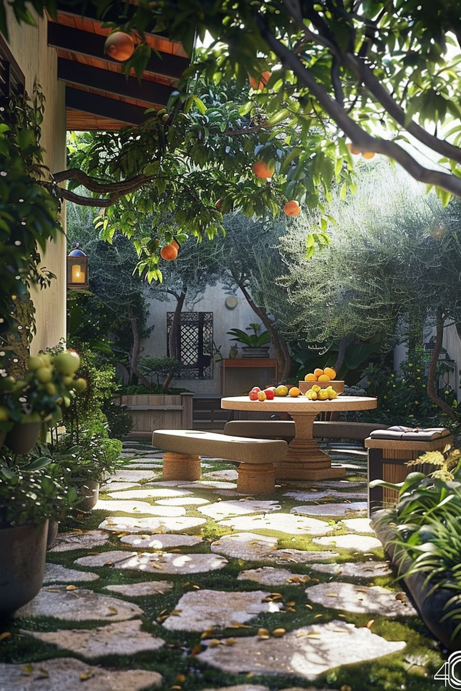 Serene garden with citrus trees, a stone path, a table with fruit, and benches in dappled sunlight, invoking a peaceful ambiance.