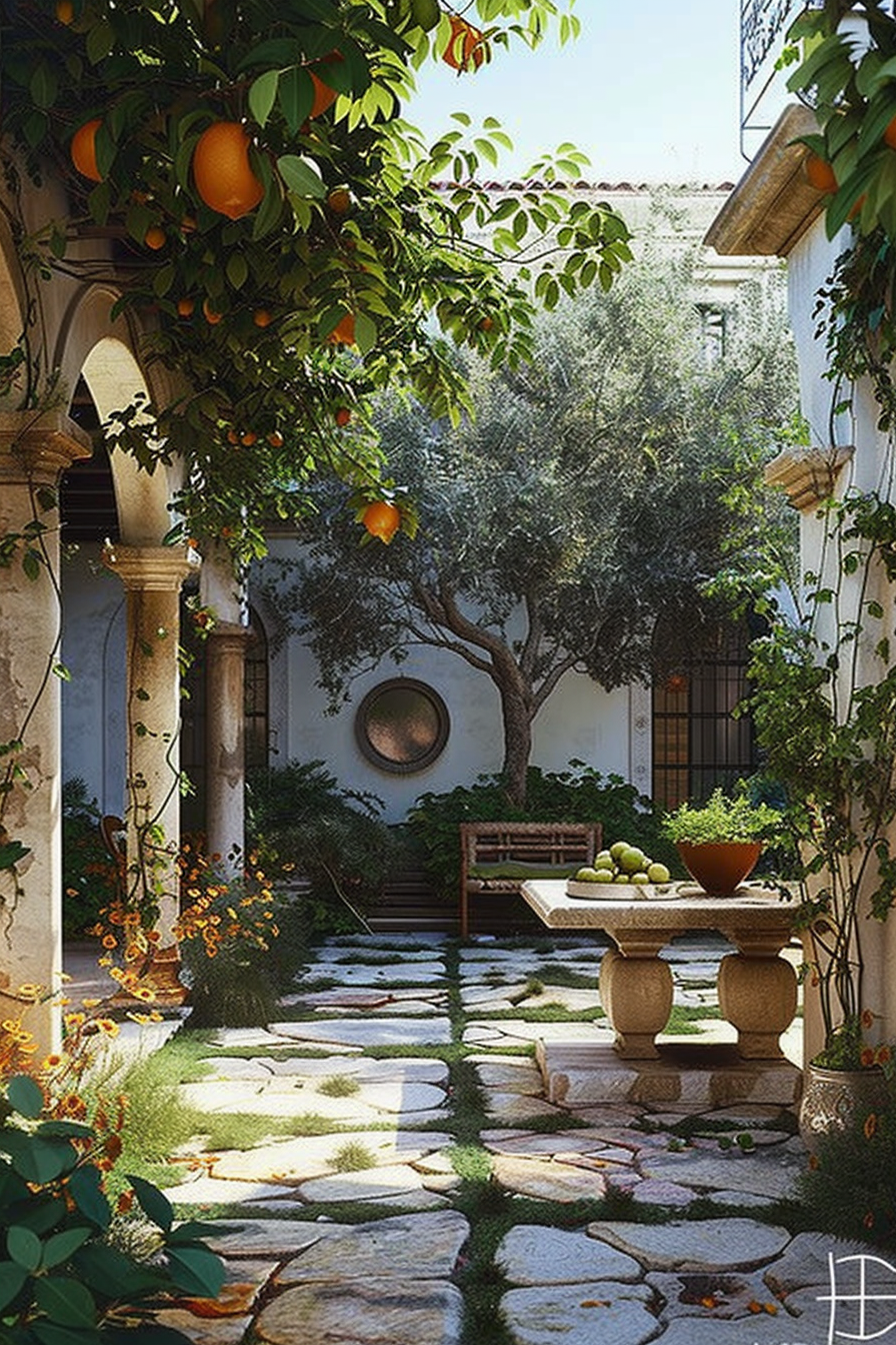 A serene courtyard with orange trees, stone pathway, arches, and a wooden bench under the shade of a large tree.