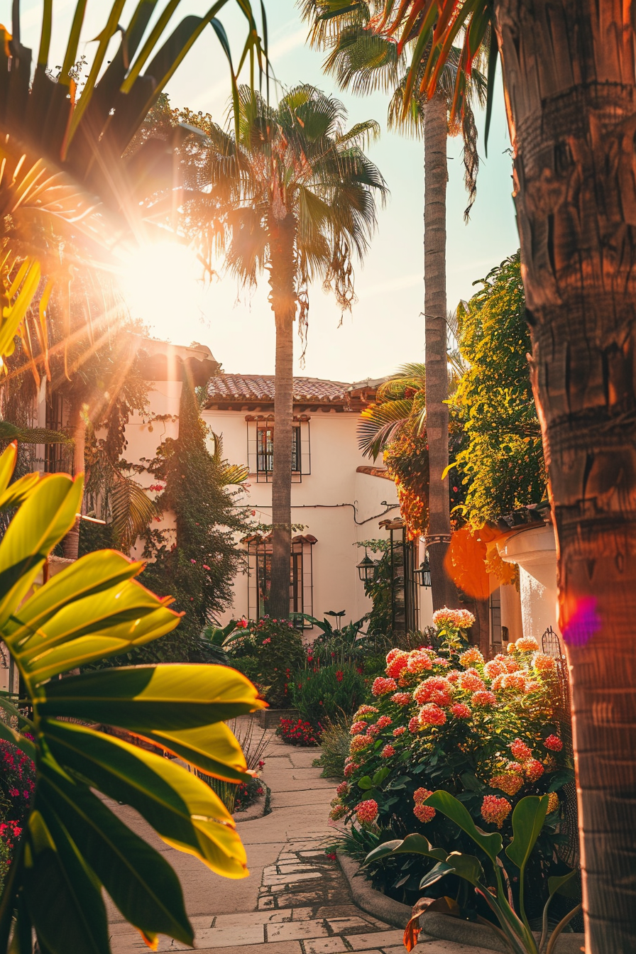 Sunlight flares through palm trees along a charming path with lush flowers and traditional white stucco building.