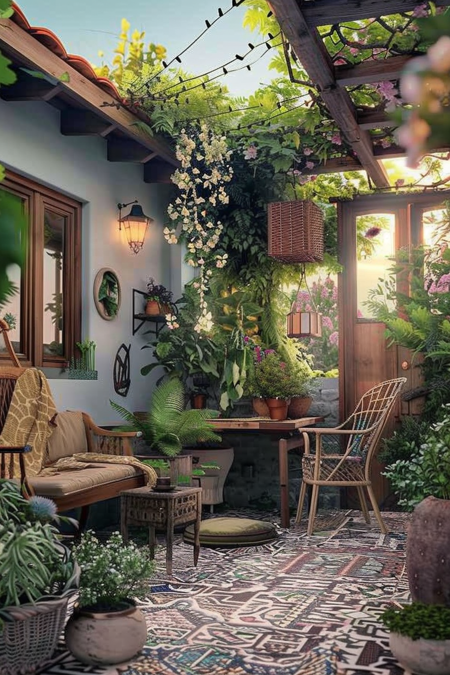 Cozy patio area with lush greenery, hanging plants, and a variety of potted plants, complemented by rustic furniture and patterned rugs.