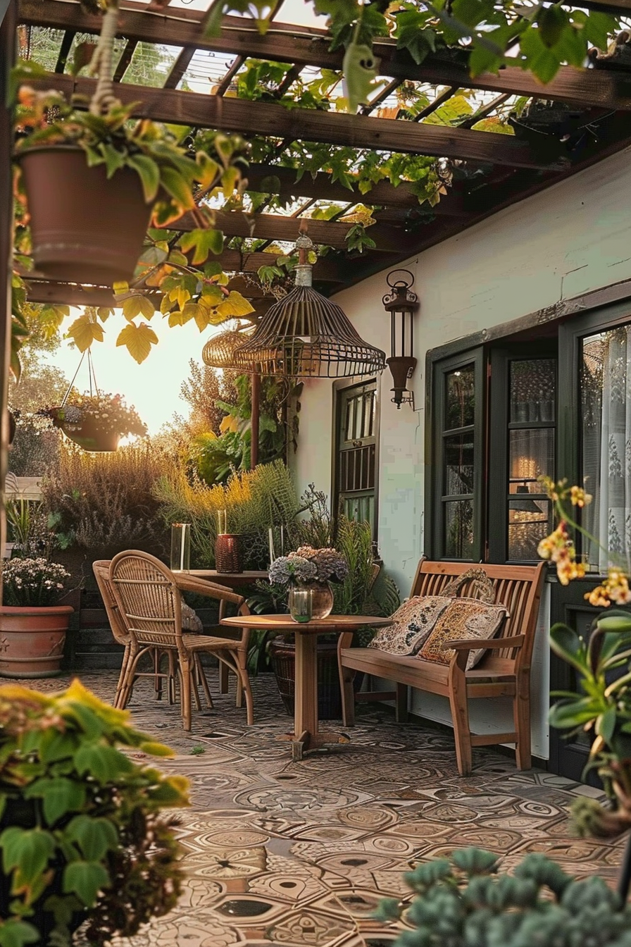 Cozy outdoor patio scene with wooden furniture, patterned tile floor, hanging plants, and warm evening lighting.