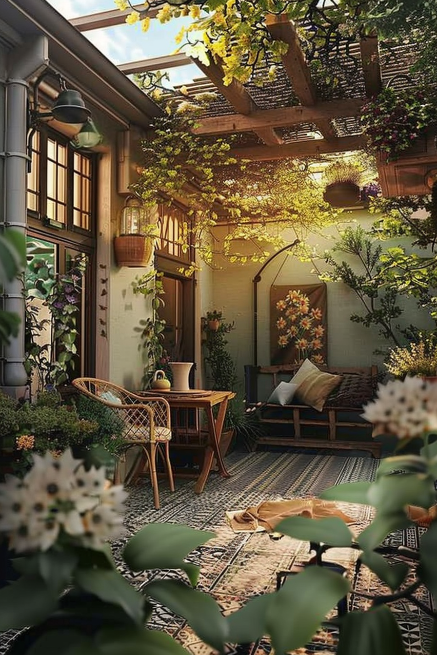 Cozy garden terrace with wicker chairs, a wooden bench, lush greenery, hanging plants, and soft sunlight filtering through a pergola.