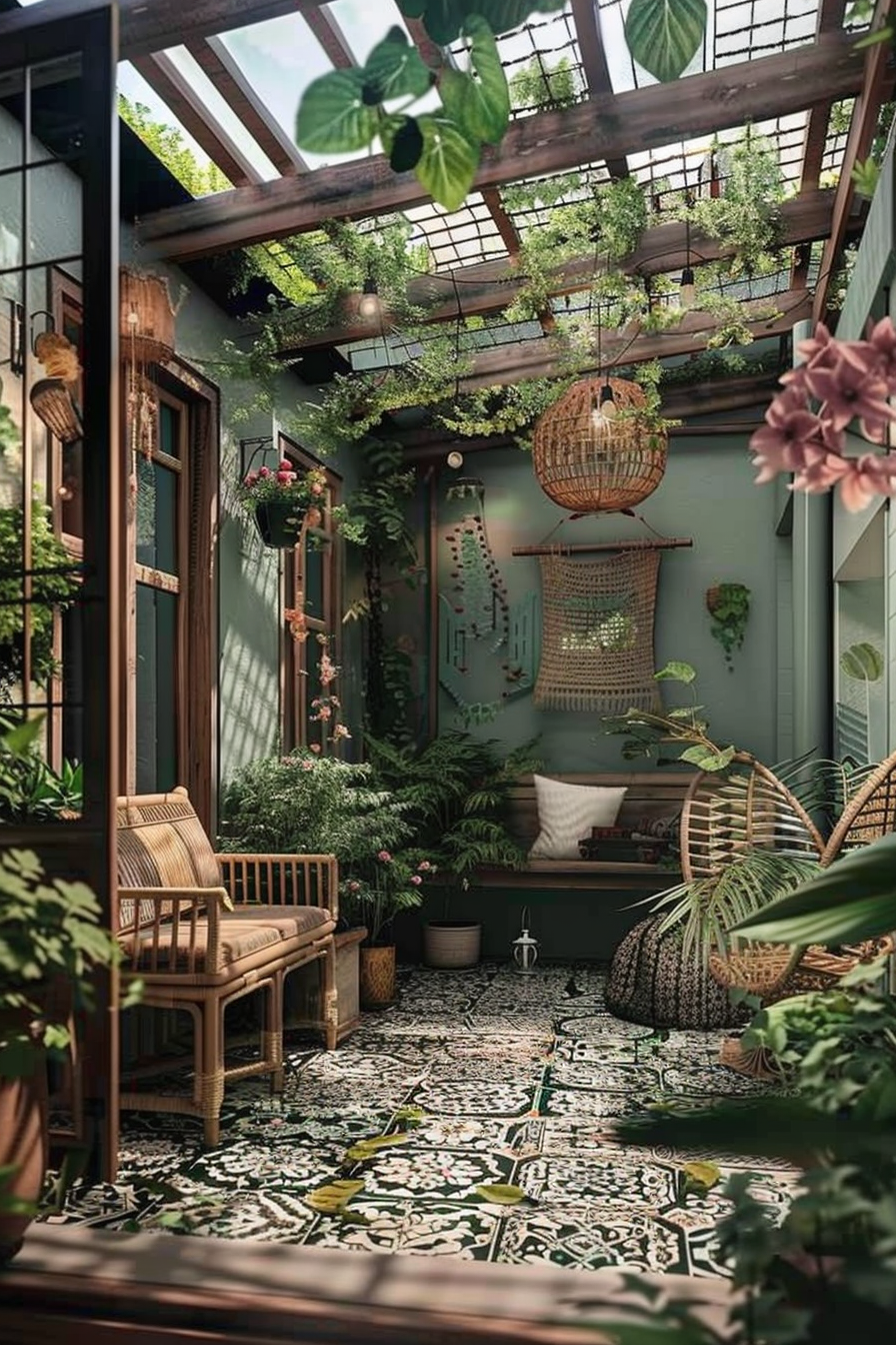 Alt text: "Cozy sunlit patio with vibrant greenery, patterned tiles, wooden furniture, and hanging wicker lamps, giving off a tranquil vibe."